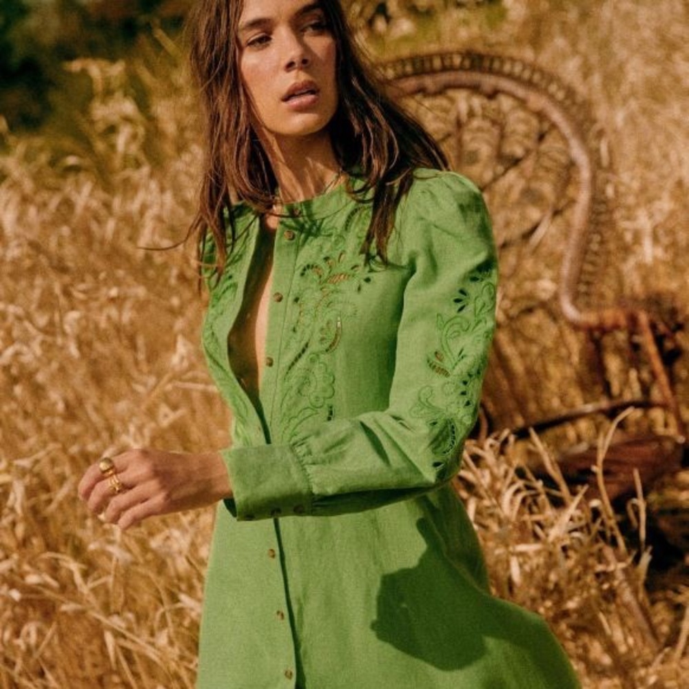 Sezane Selma Long Sleeve Dress Green Size 2